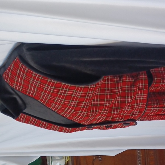 Vintage J.B.S Plaid Dress, Red Plaid w black velvet top, faux vest - Picture 5 of 10
